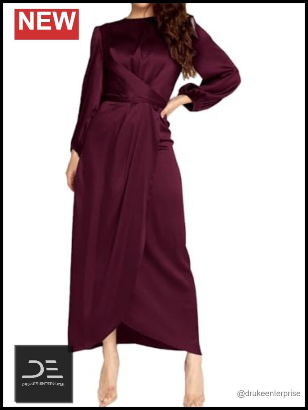 Women's Satin Maxi Dress Empire Waist Long Sleeve Formal
